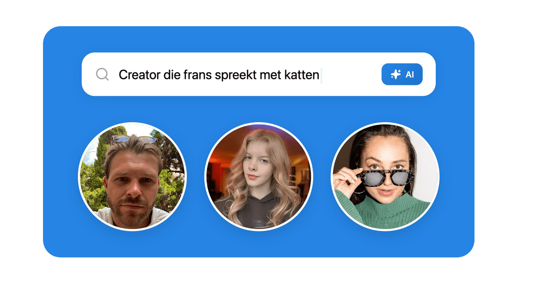 A search bar with the text "Creator die frans spreekt met katten" and three person icons underneath on a blue background.